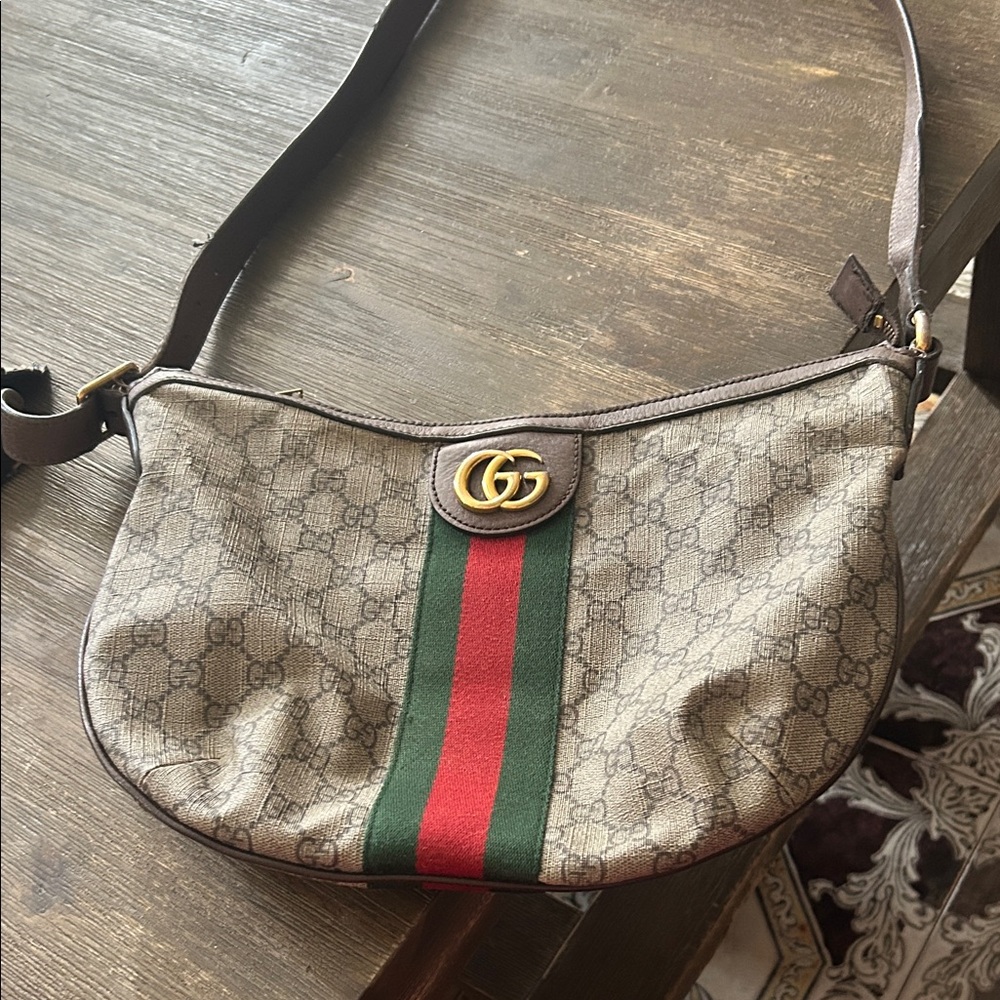Authentic Gucci Beige and Brown Shoulder Bag with Red and Green Stripe